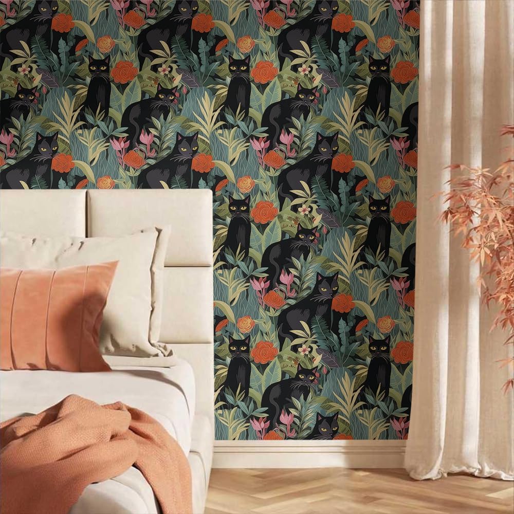 18"x236" Abstract Jungle Forest Black Cats Peel and Stick Self Adhesive Wallpaper Removable Contact Paper Stick on Easy Peel Off Wall Paper for Kitchen Bedroom Bathroom Renter