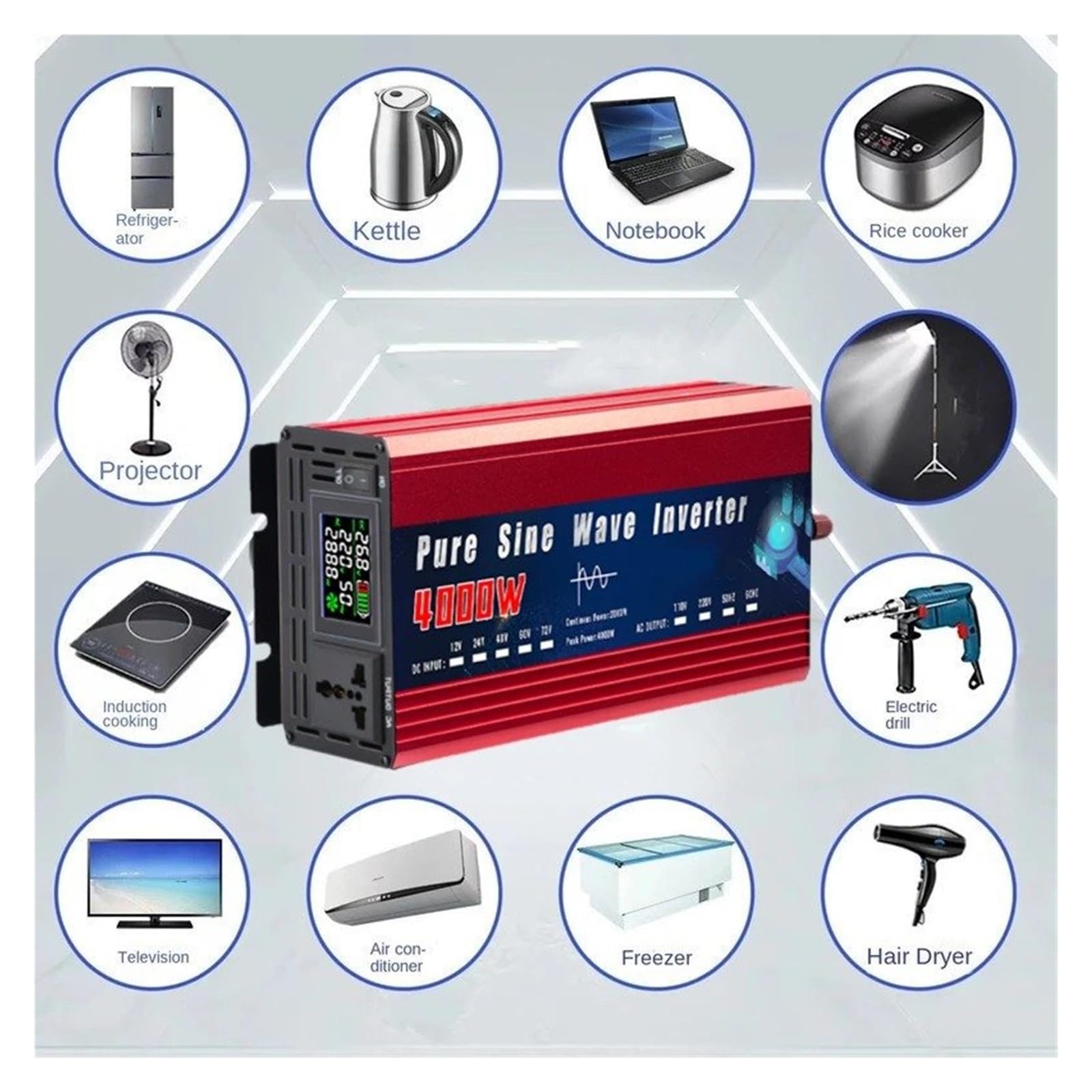Power Inverter Convertitore Tensione Alimentazione A Onda Sinusoidale Pura 12V 220V 2000W 3000W 4000W DC 12v 24v A AC 220v 110v Per Inverter Solare Auto Convertitore(12V,110V 60HZ,1000W)