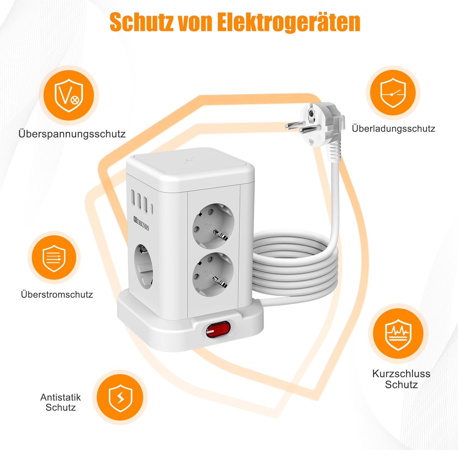 Torre de 7 enchufes con cargador inalámbrico, protección contra sobretensiones, interruptor, 10 A, 2300 W, regleta (7 Schuko + 4 USB), enchufe múltiple con cable de extensión de 2 m, para oficina