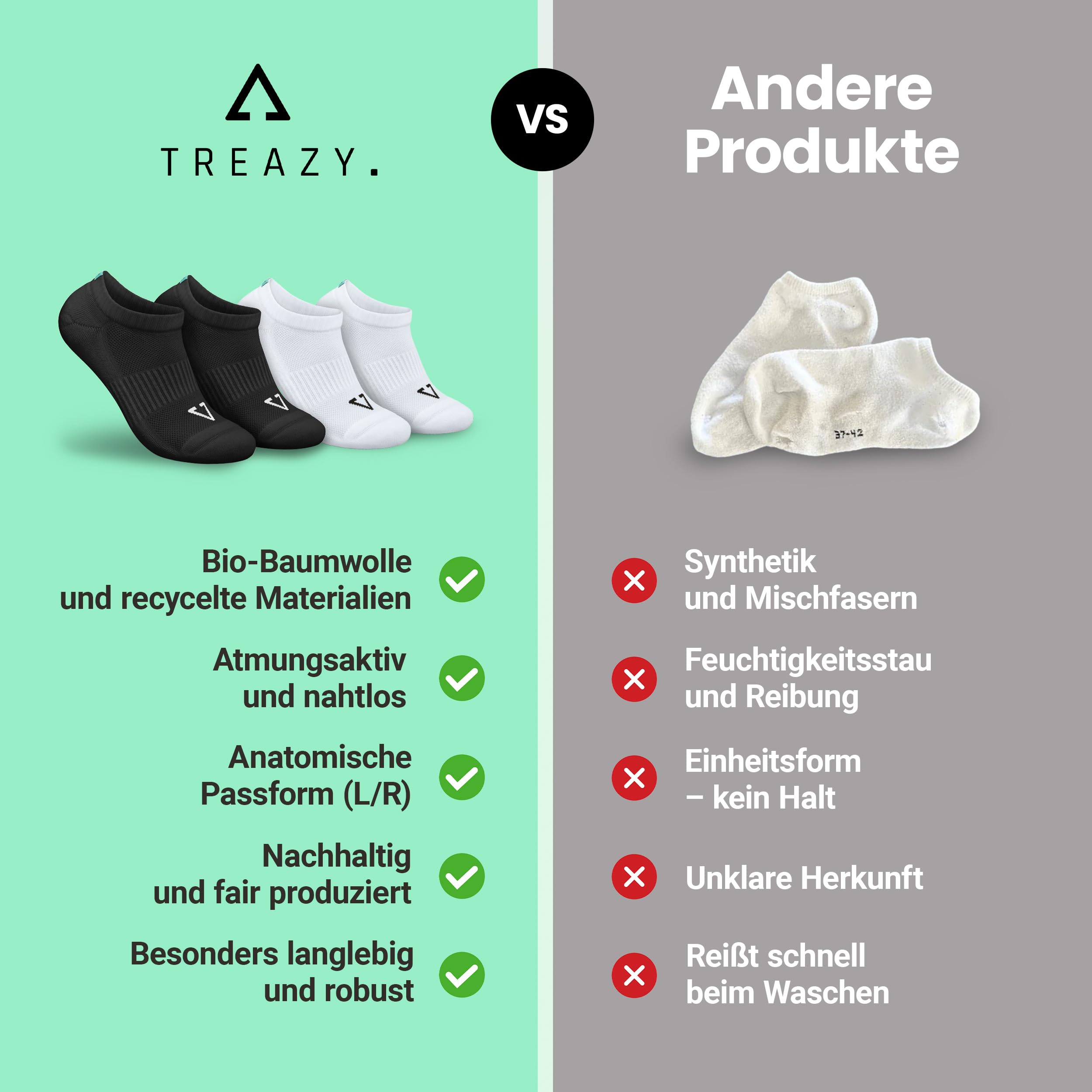 TREAZY Sneaker Socken aus Bio-Baumwolle – nachhaltig und fair produziert in Portugal – ohne Einschneiden, Anti-Loch-Socken, atmungsaktiv und langlebig im Alltag