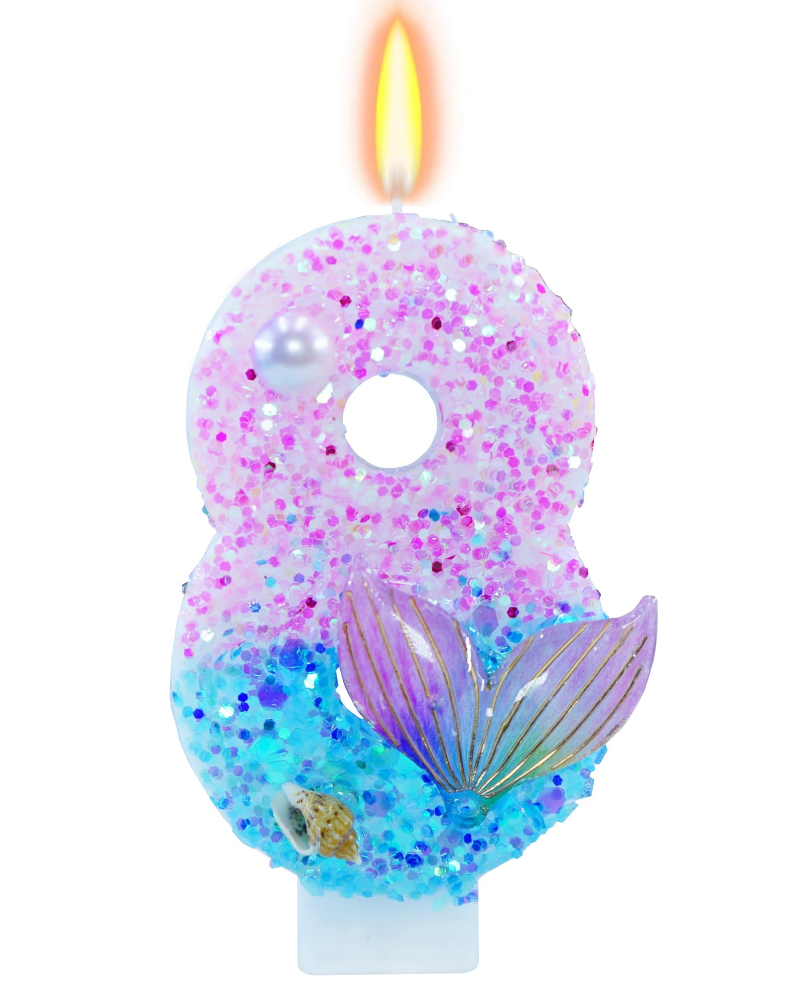 Velas de cumpleaños con temática de sirena, suministros de fiesta de cumpleaños con purpurina número 8, decoración de fiesta de aniversario, decoración de pastel de 2.8 pulgadas (temática de sirena