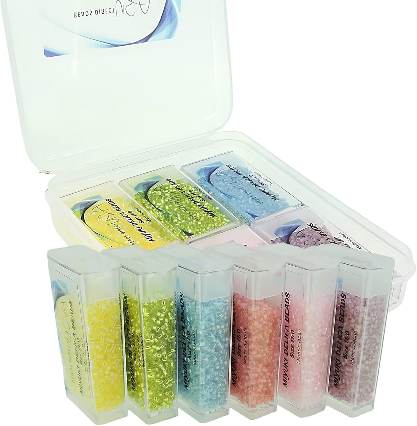 Set of 6 Colors - 60 Grams - Miyuki Delica Glass Beads Size 11/0 - Spring Collection, DB055, DB072, DB057, DB147, DB053, DB070 in Flip-Top Containers and Storage Box