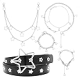 5PCS Y2k Accessories Set, Punk Pants Chain Y2K Star Belt Star Y2k Silver Necklace Grunge Layered Necklace Bracelets, Wallet Chain EMO Goth Belt Vintage Jewelry Set for Women