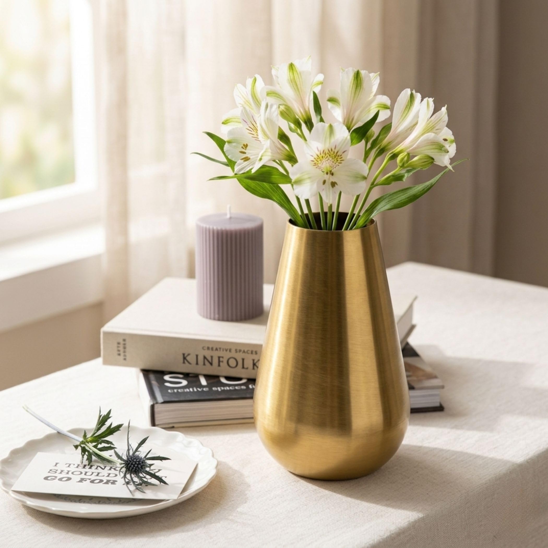 Small Gold Metal Flower Vase | Round Decorative Tabletop Vase for Home Décor, Living Room, Kitchen, Office & Wedding-image-42