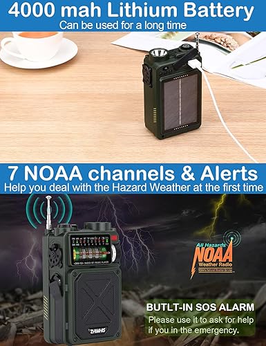 Miniatura 4 de ZHIWHIS Shortwave Radio with Bluetooth, AM FM SW WB Radios with NOAA Alerts, Hand CrankSolarSOS AlarmWhite NoiseBassRechargeable Retro Receiver with