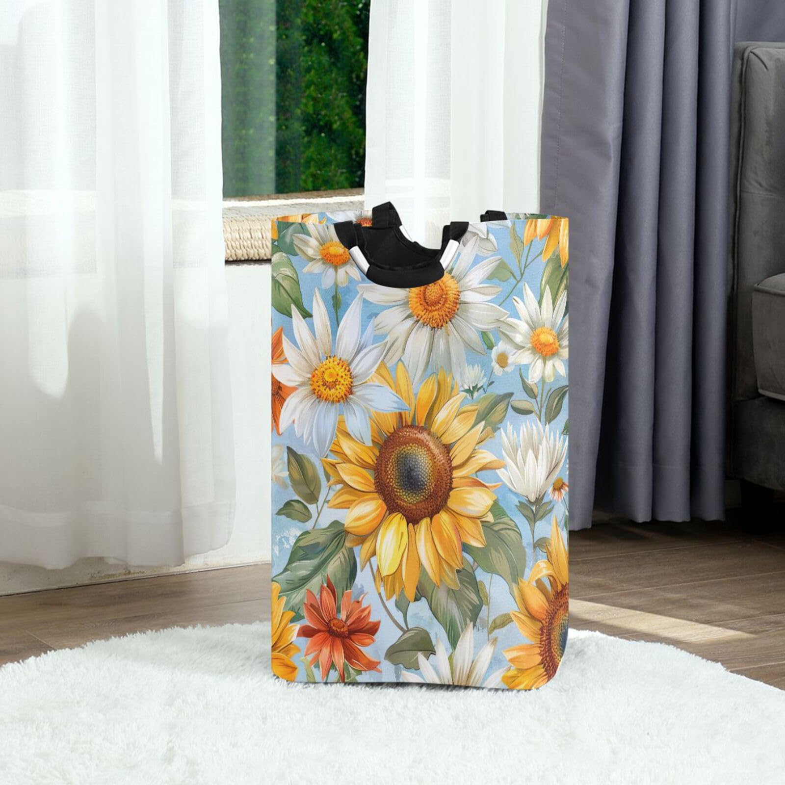 Jihqo Laundry Hamper Basket Vibrant Sunflowers Daisy Collapsible Nursery Storage Bin Waterproof Clothing Baskets for Home Bedroom Bathroom Washing Room