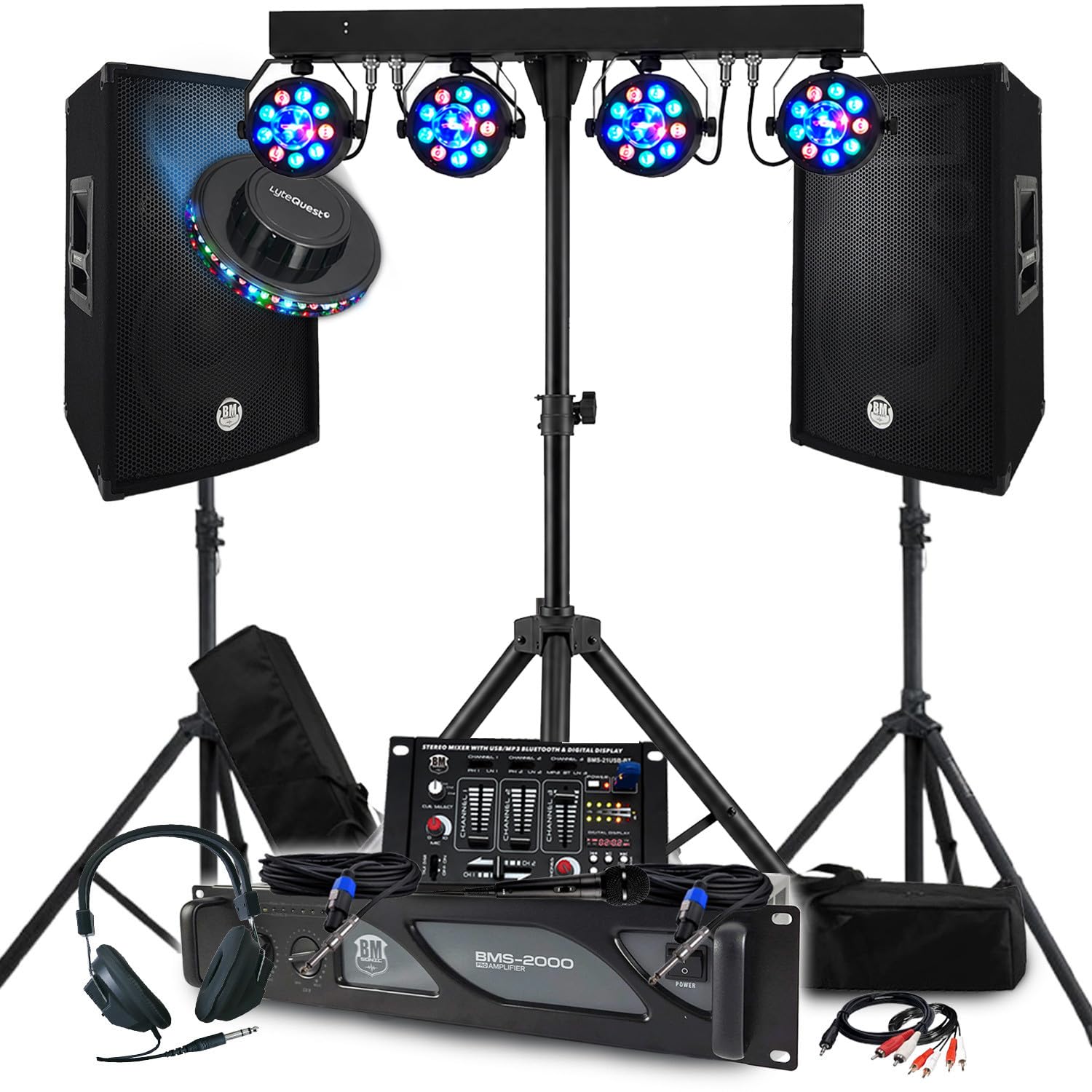 BM Sonic Pack Sono 3200 W - Juego completo de altavoces pasivos (2 x 600 W, mesa mezcladora pórtico, 4 luces teos ovni LED, sala de fiestas)