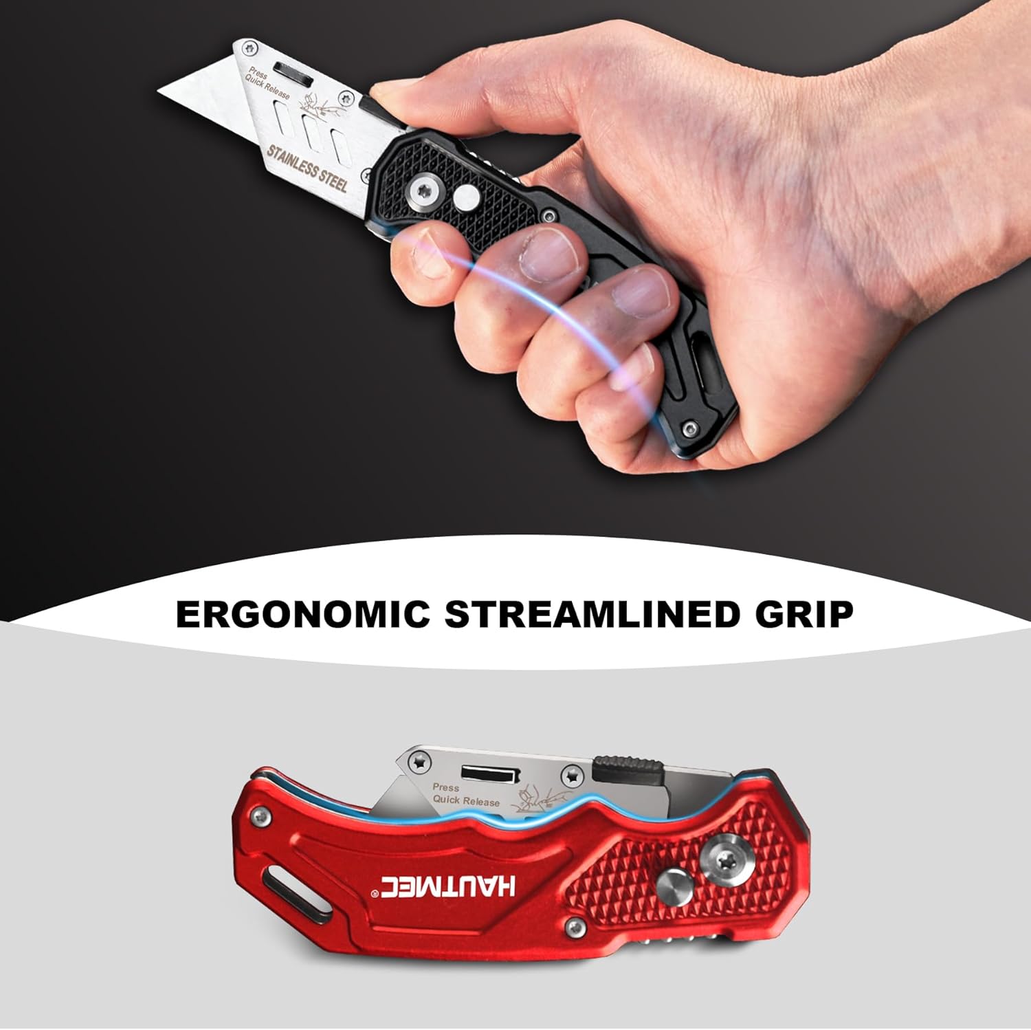HAUTMEC 3-Pack Folding Utility Knife, Heavy-Duty Aluminum Box Cutter with Quick-Change Blades & Lock-Back Safety Design, Ergonomic Streamlined Grip Includes 15 Extra SK5 Blades, HT0429