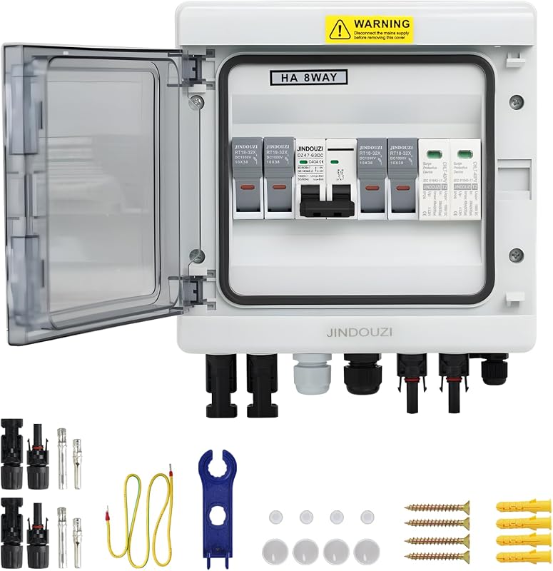 Caixa combinadora solar fotovoltaica 2 entradas e 1 saída JINDOUZI com fusível de 20 A, disjuntor CC de 40 A e DPS 2P 1000 V
