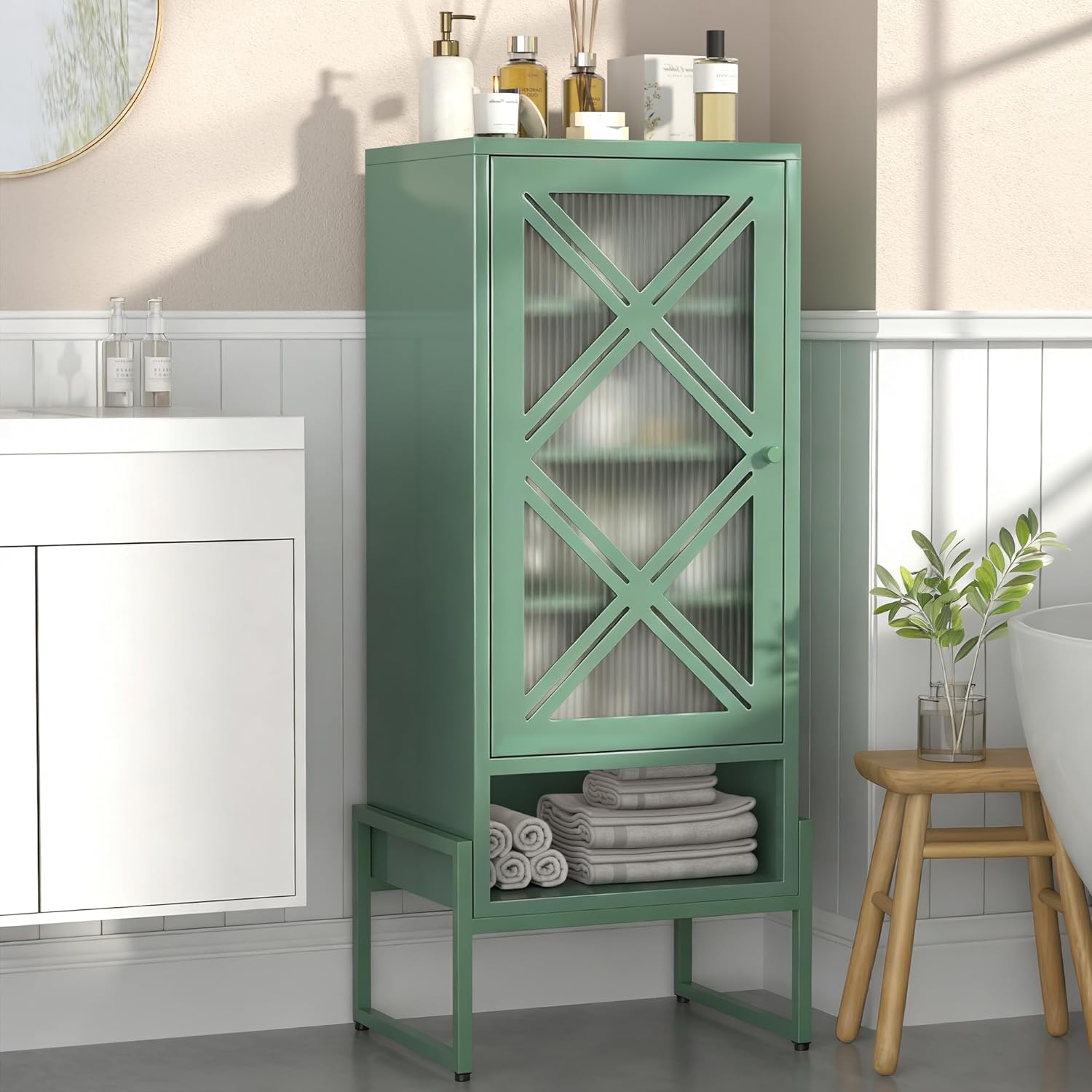 LEYNOT Small Bathroom Storage Cabinet,Metal Pantry Cabinet with Door and Adjustable Shelves,42.51x 16.53x13.77 Cupboard for Kitchen,Living Room,Entryway,Dining Room (Openwork X-Shaped, White)