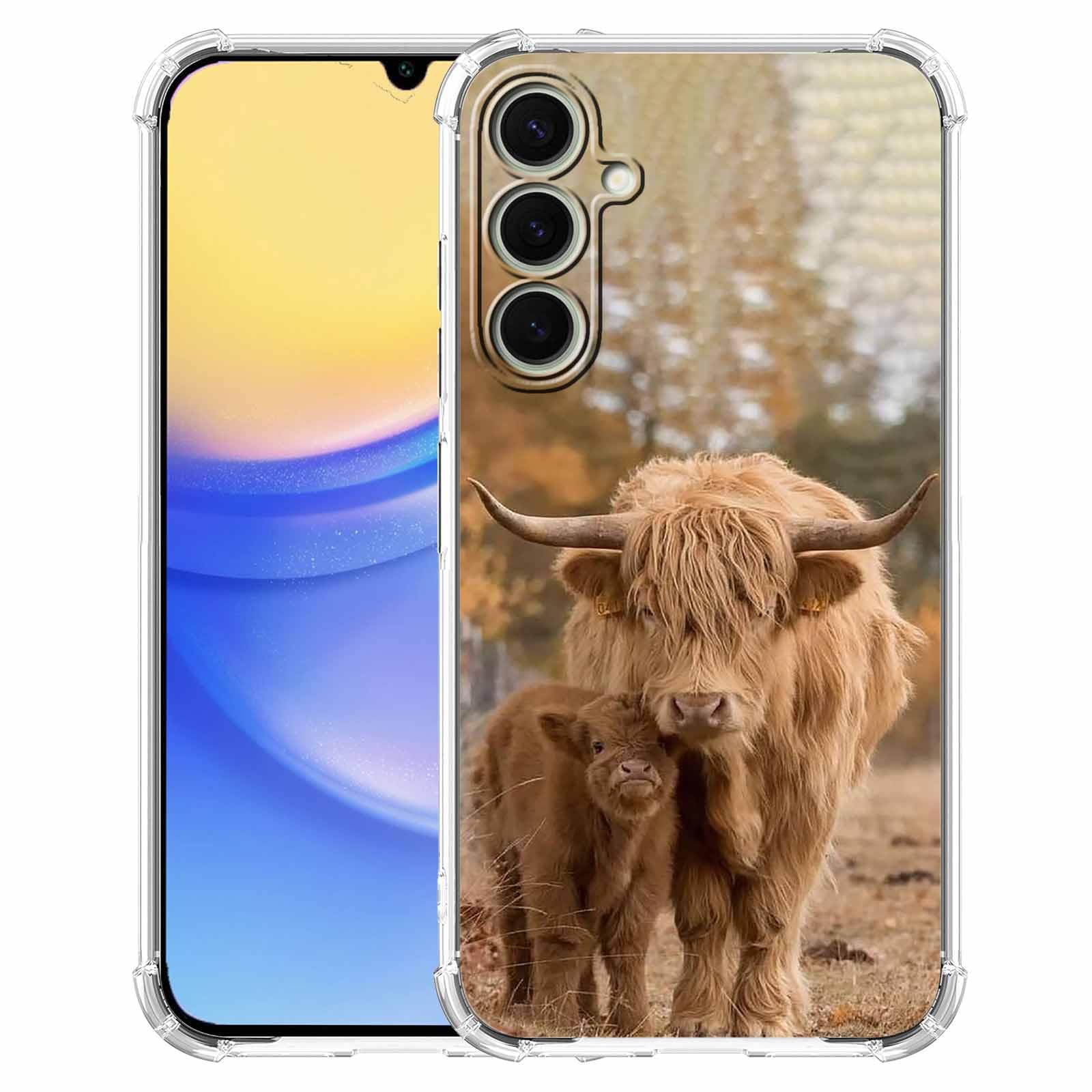 Tobelint Case for Samsung Galaxy A15 with Cow Design,Cute Highland Cattle Family Pattern for Men Women,Clear Slim Soft TPU Bumper Case,6.5”(Cow,A15)