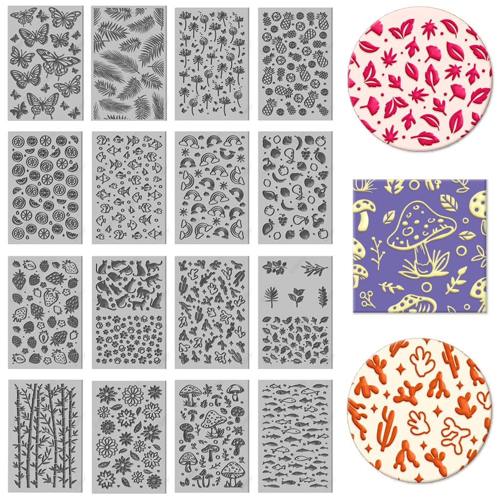 CHGCRAFT 16 Sheets 16 Styles Butterflies and Cats Polymer Clay Texture Mat Clay Modeling Mushrooms Dandelions Pad Leaves Fruits Texture Sheets for Polymer Making Earrings Jewerly Tools 4×2.6 inch