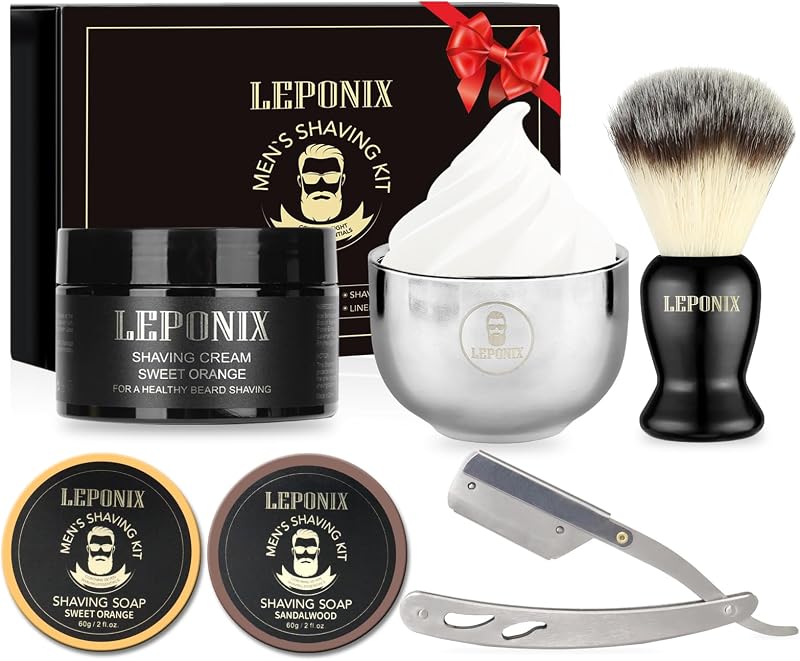 Kit de afeitado con maquinilla de afeitar recta para hombres - 2 paquetes de jabón de afeitar, maquinilla de afeitar de borde recto, crema de afeitar, brocha y tazón - Set de regalos únicos para hombres, él, papá - Rellenos de medias, día del padre (naranja sudor)