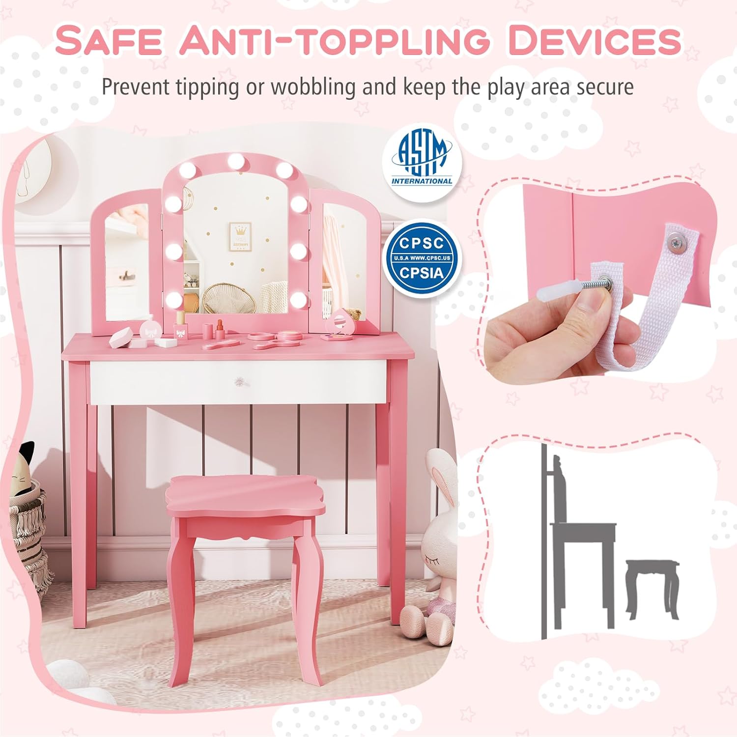 HONEY JOY Kids Vanity with Lights, Wooden Princess Makeup Dressing Desk with Tri-Folding Mirror, Drawer, Pretend Play Toddler Vanity Table and Chair Set with Lighted Mirror for Little Girls (Pink)