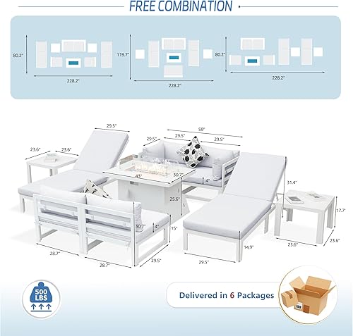 Miniatura 131 de NICESOUL 7 Piece White Powder-Coated Aluminum Patio Furniture with Fire Pit Table, 29 Inch Extra Wide Outdoor Sectional Sofa for 6, High-End Heavy