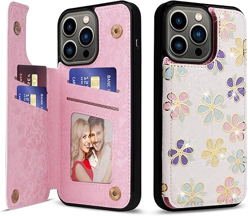 Miniatura 7 de UEEBAI Funda tipo cartera para iPhone 15 Pro Max con tarjetero, cubierta de cuero PU con soporte, bloqueo RFID, doble cierre magnético, relieve de