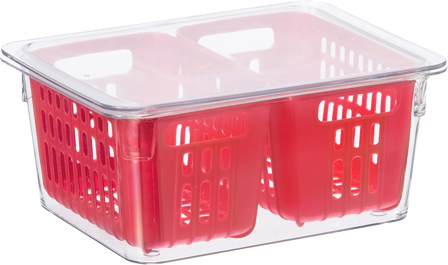 Oggi Berry Container for Fridge – Double Colander Basket – Ideal Berry Containers for Fridge, Includes Berry Colander Insert (8.75″ x 6.75″ x 3.75″), Red
