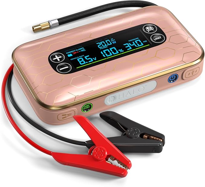 HALO Bolt AIR 1500A Arrancador de salto, compresor de aire, banco de energía, luz LED, rosa