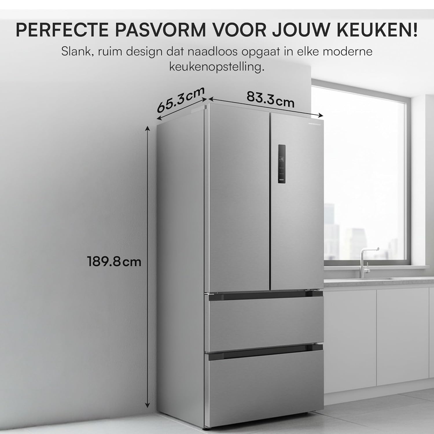 Diagram showing the dimensions of the HEINNER HCFD-M516INVXE++ refrigerator.