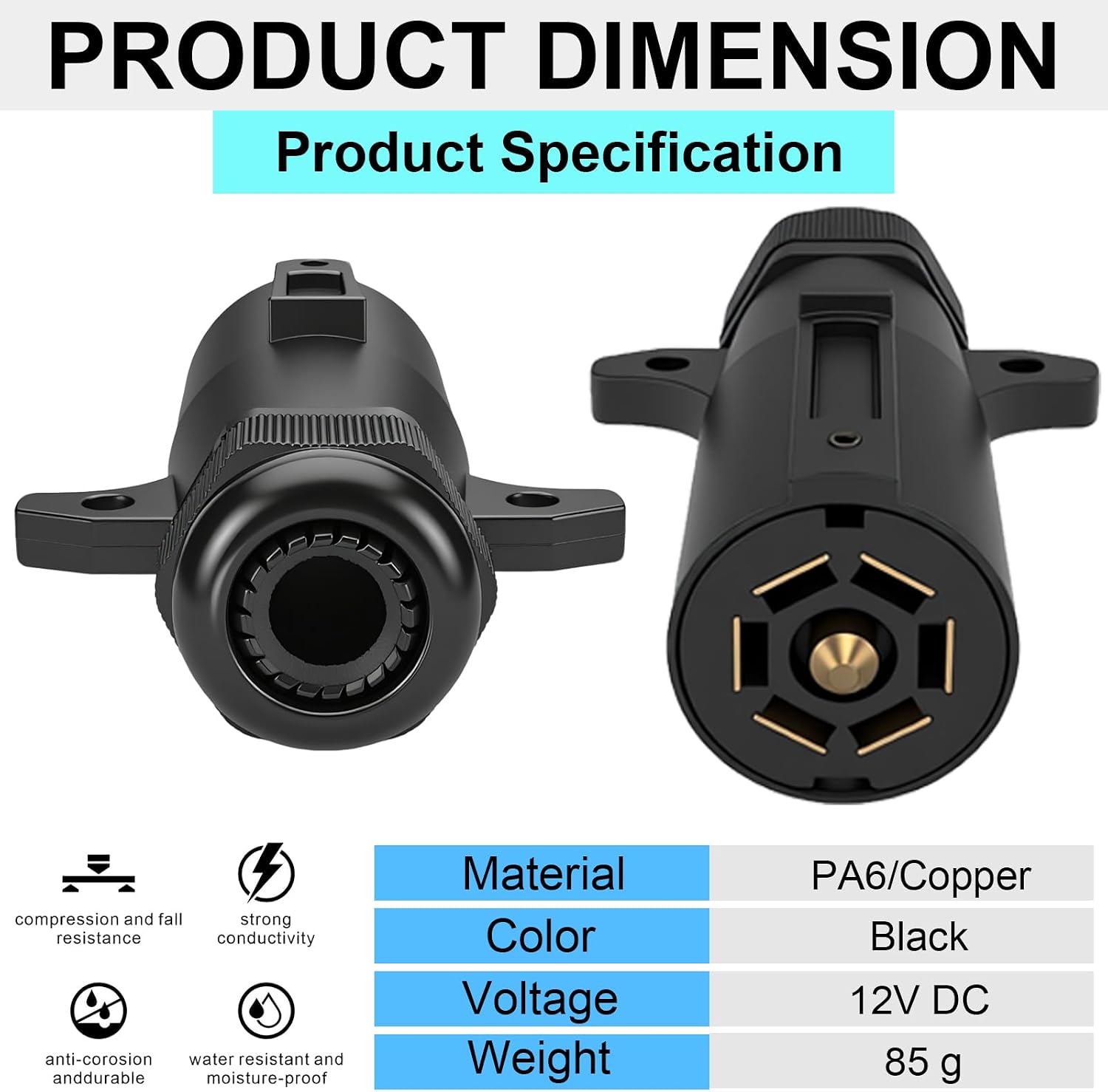 7 Pin Trailer Plug with Waterproof Seal, Trailer Side 7 Way Connector 7 Way Round RV-Style Wiring Harness Plug