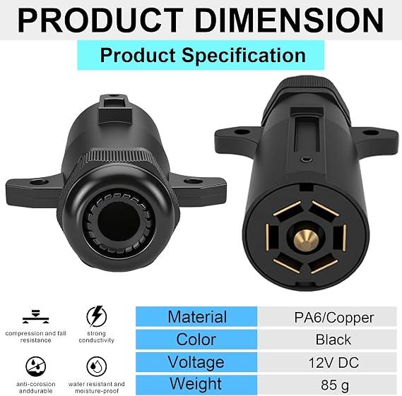 7 Pin Trailer Plug with Waterproof Seal, Trailer Side 7 Way Trailer Connector 7 Blade Wiring Harness Connector