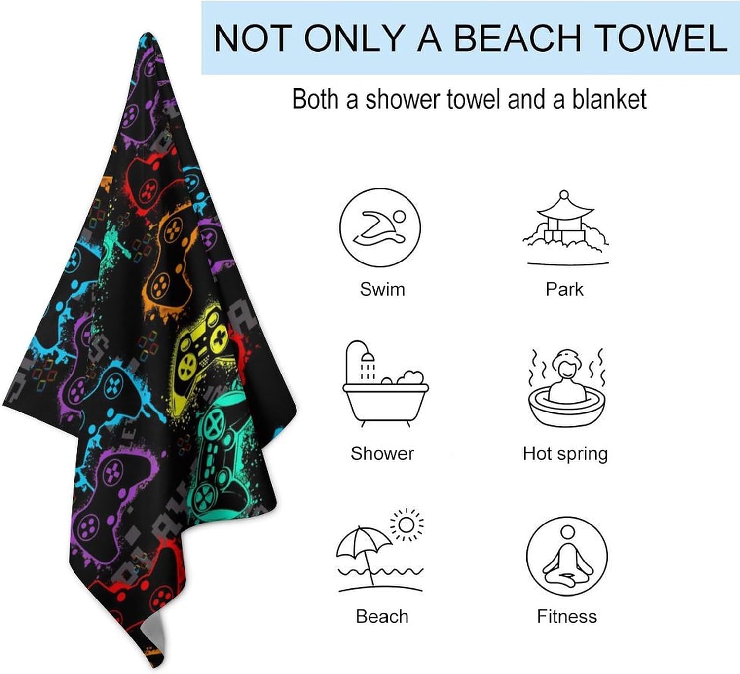 Brebasf Watercolor Gaming Beach Towels Oversized Quick Dry Lightweight for Adults,Cartoon Colorful Controller Boy Video Game Beach Towels-31W X 51L