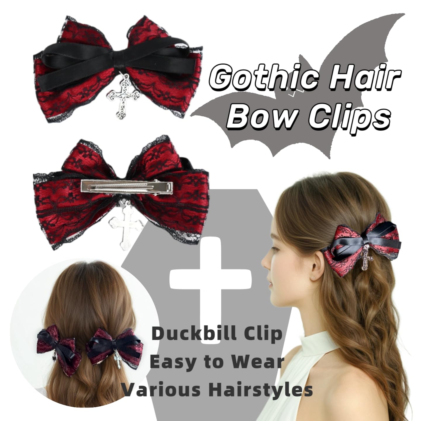 2PCS Gothic Bow Clips 3.96'' Halloween Hairbows Punk Hair Accessories for Girls Women Black Lace & Red Bow with Cross Duckbill Clips - Image 3