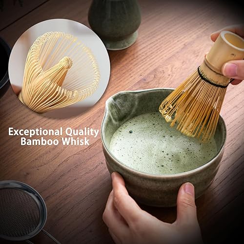 Miniatura 5 de Juego de Matcha Buucup, Juego de Cuenco de Matcha con Boca, Batidor de Matcha y Soporte, Cuchara de Bambú para Matcha y Tamiz de Acero Inoxidable -