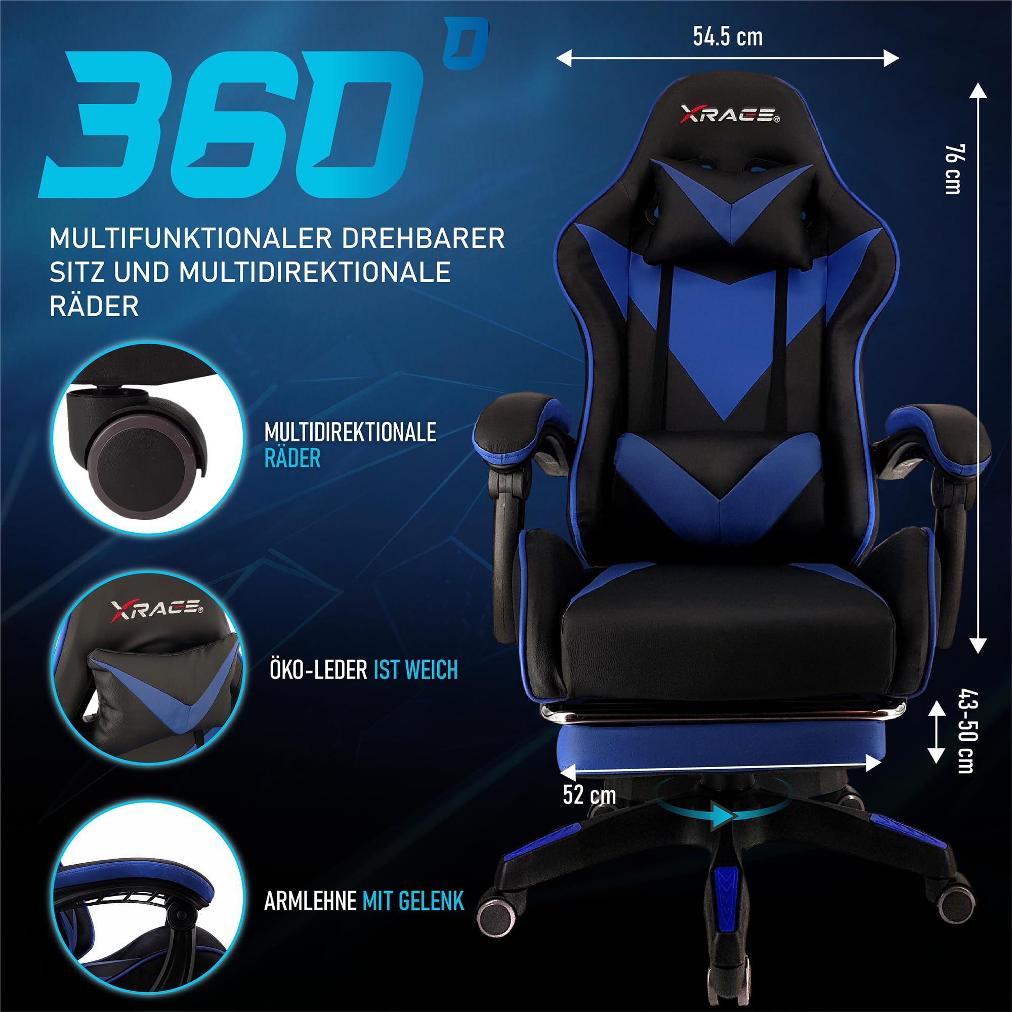 xRace Gaming Stuhl, Bürostuhl, Ergonomischer Pc Stuhl, Gaming Sessel aus Leder mit Lendenwirbelstütze, Verstellbarer Drehbarer, Task Stühle mit Fußstütze und Kopfstütze, Blau