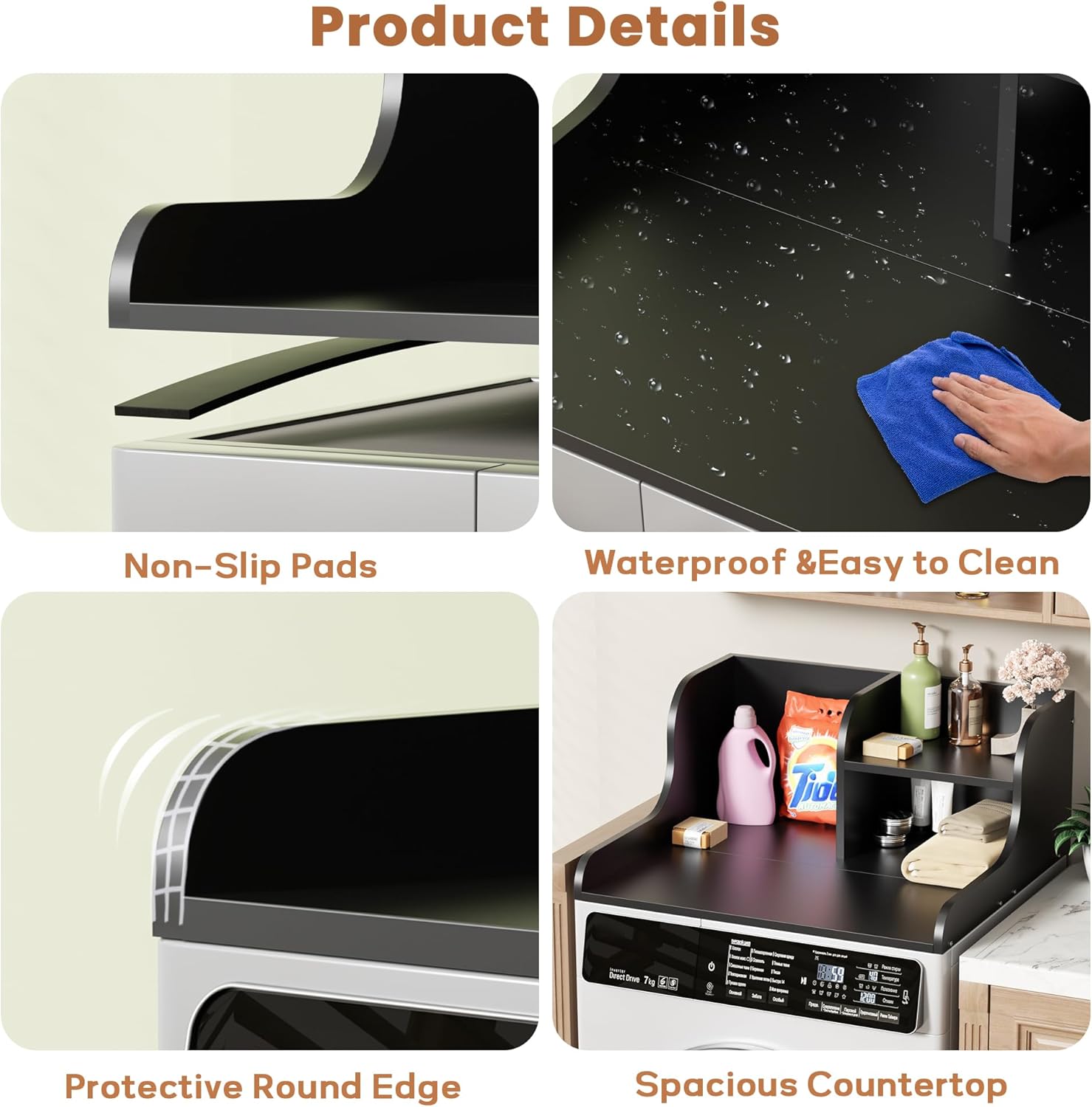 DTK Washer Dryer Countertop with Shelf,27.5" D x 27" W x 11.8" H Wood Countertop for Washer and Dryer,Laundry Countertop with Anti-Slip Strips and Edge Rails,Dryer Countertop for Laundry Room(Black)