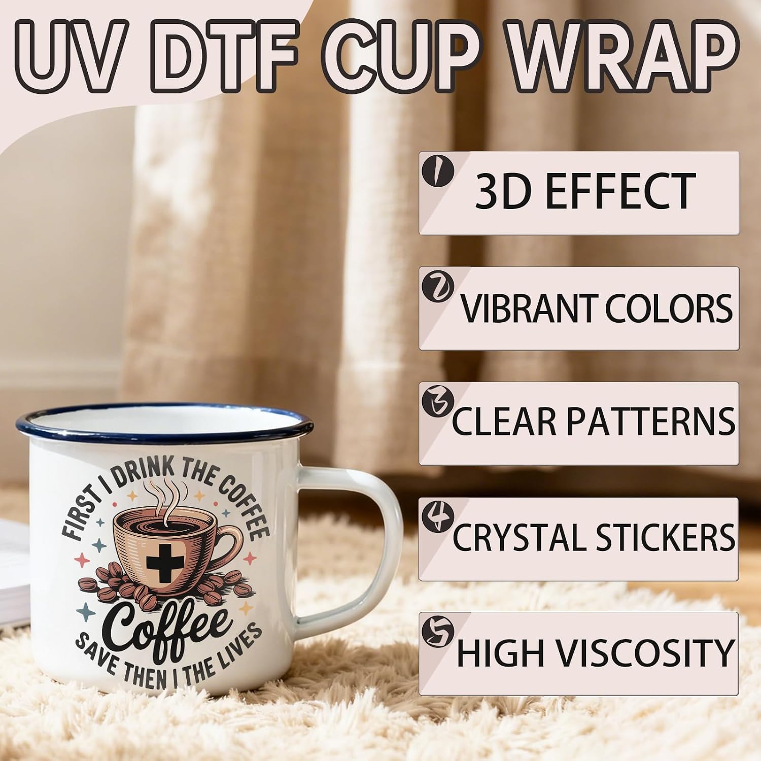 12PCS Coffee Quotes UV DTF Cup Wrap Stickers image 4