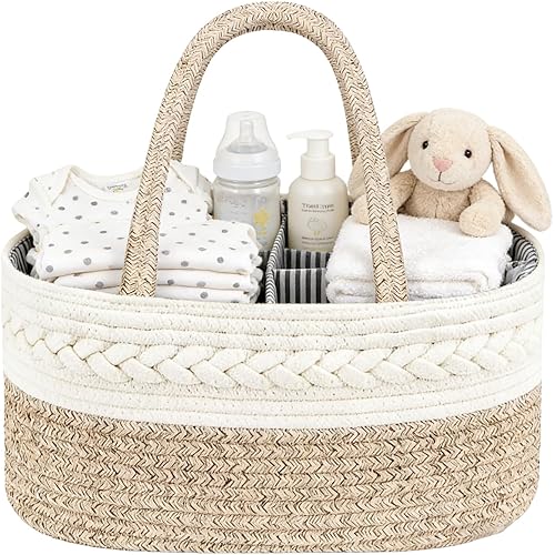 Diaper Caddy Organizer, Cotton Rope Baby Basket for Nursery and Changing Table, Portable Diaper Caddy with Removable Divider for Newborn Parents, Home and Car Travel, White and Brown