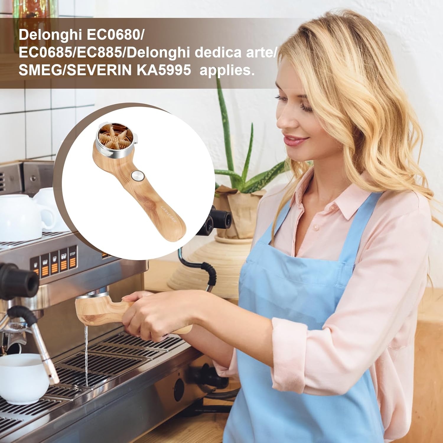 Espresso Coffee Machine Cleaning Brush Wood grain color espresso machine electric cleaning brush 360° Totally enclosed cleaning for 3 EARS 51MM Delonghi Dedica Style Series EC680 and EC685 SMEG ECF01