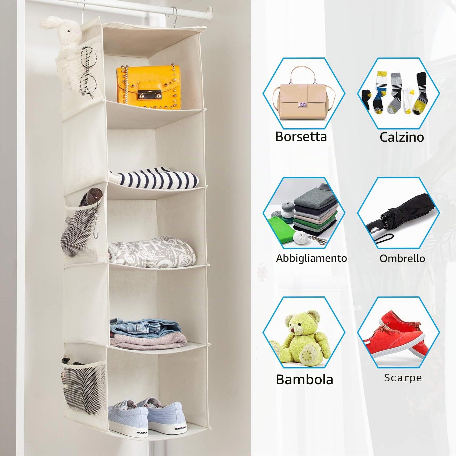 BrilliantJo Set di 2 Organizer Armadio, Portattuto da Appendere con 5 Scomparti con 6 Tasche Laterali a Rete per Vestiti, con 2 Ganci Organizzatore Armadio da 30 x 30 x 108 cm, Beige