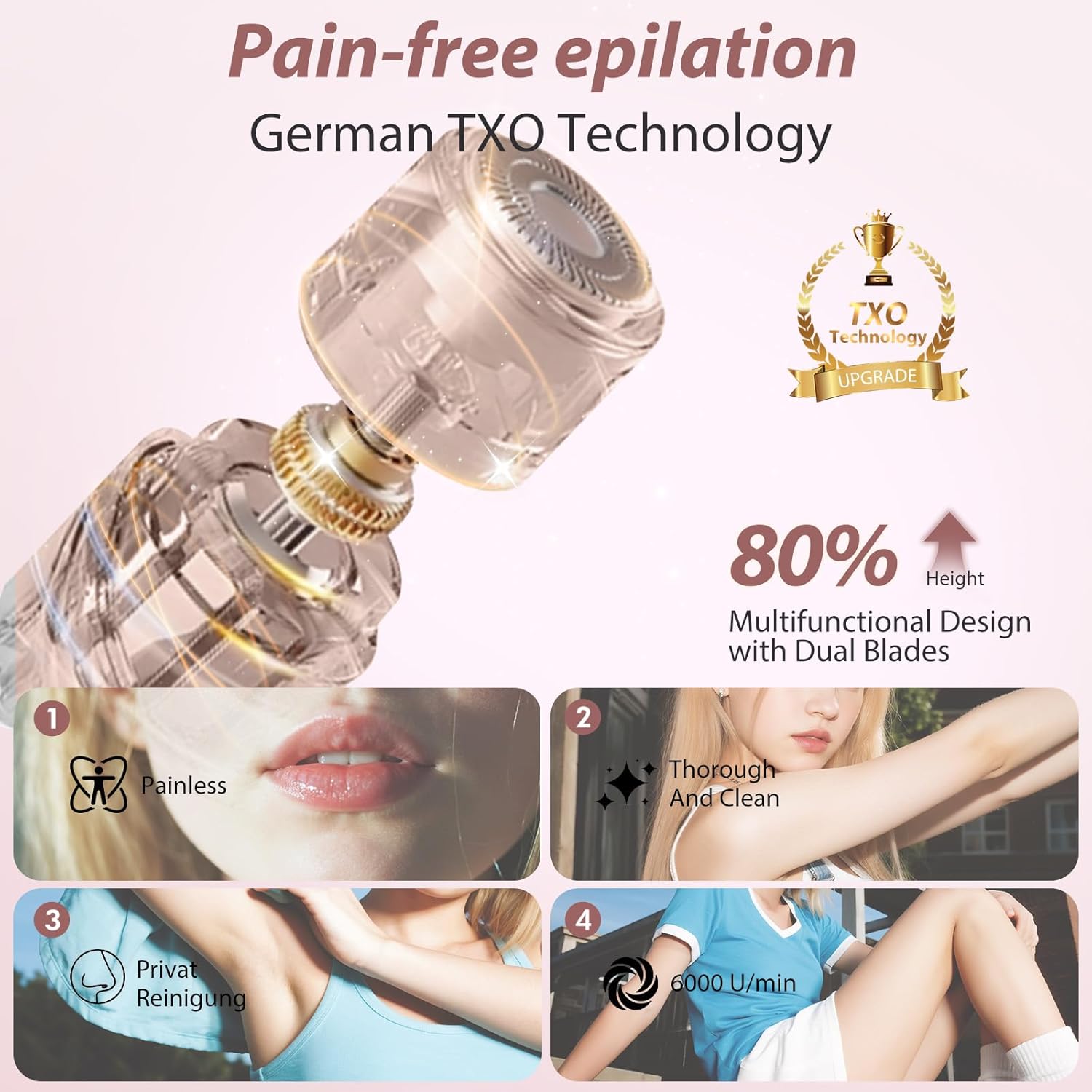 Dual Head Bikini Trimmer for Women 5-in-1 【IPX7 Waterproof】 Electric Razors 【German-TXO-Technology】-Painless-Blade Body Shaver for Pubic Hair Underarm Leg Arm Body Face (Peach)
