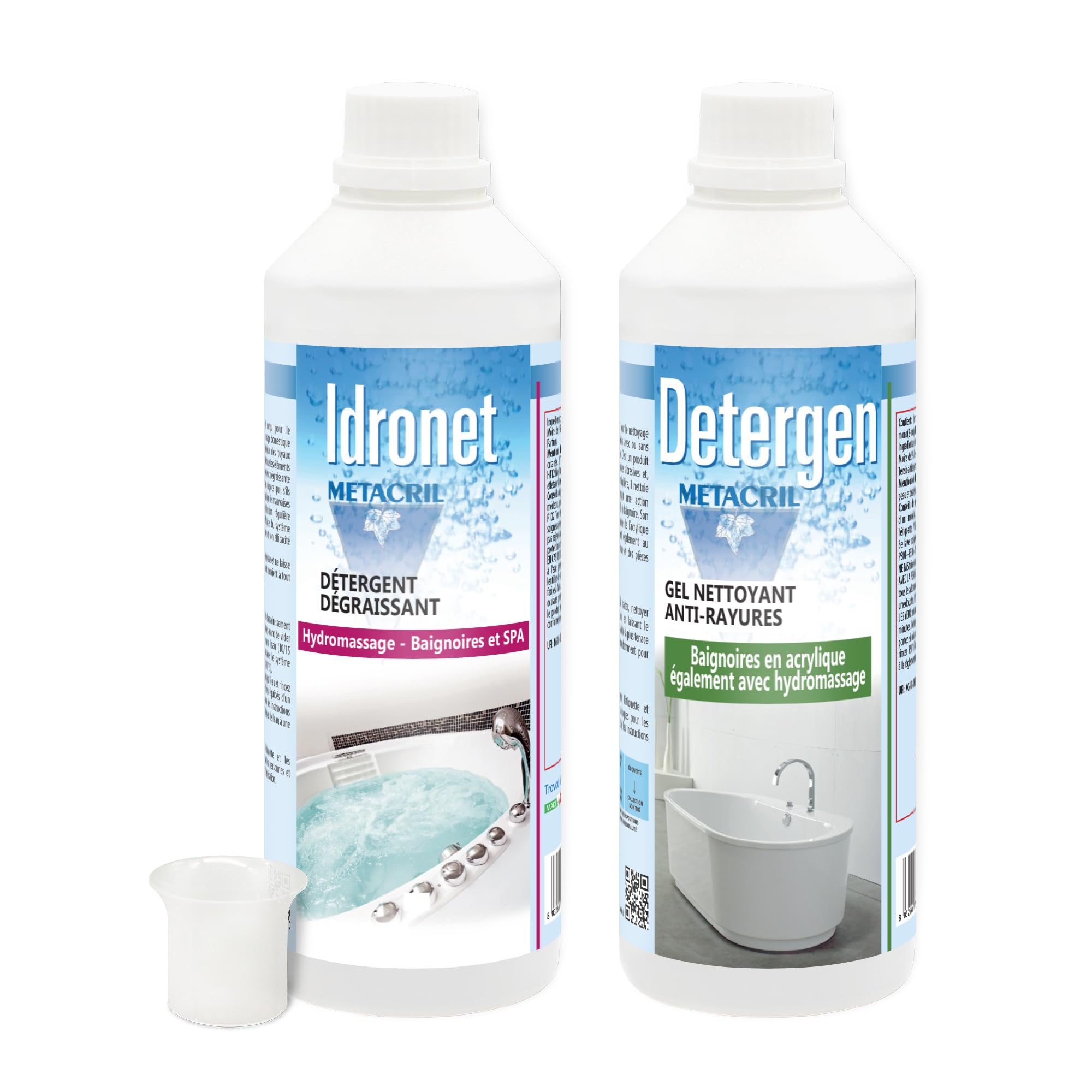 Metacril Detergen 500 ML + Idronet 500 ML, Détergent et Nettoyant anticalcaire, Idéal pour les baignoires balnéo