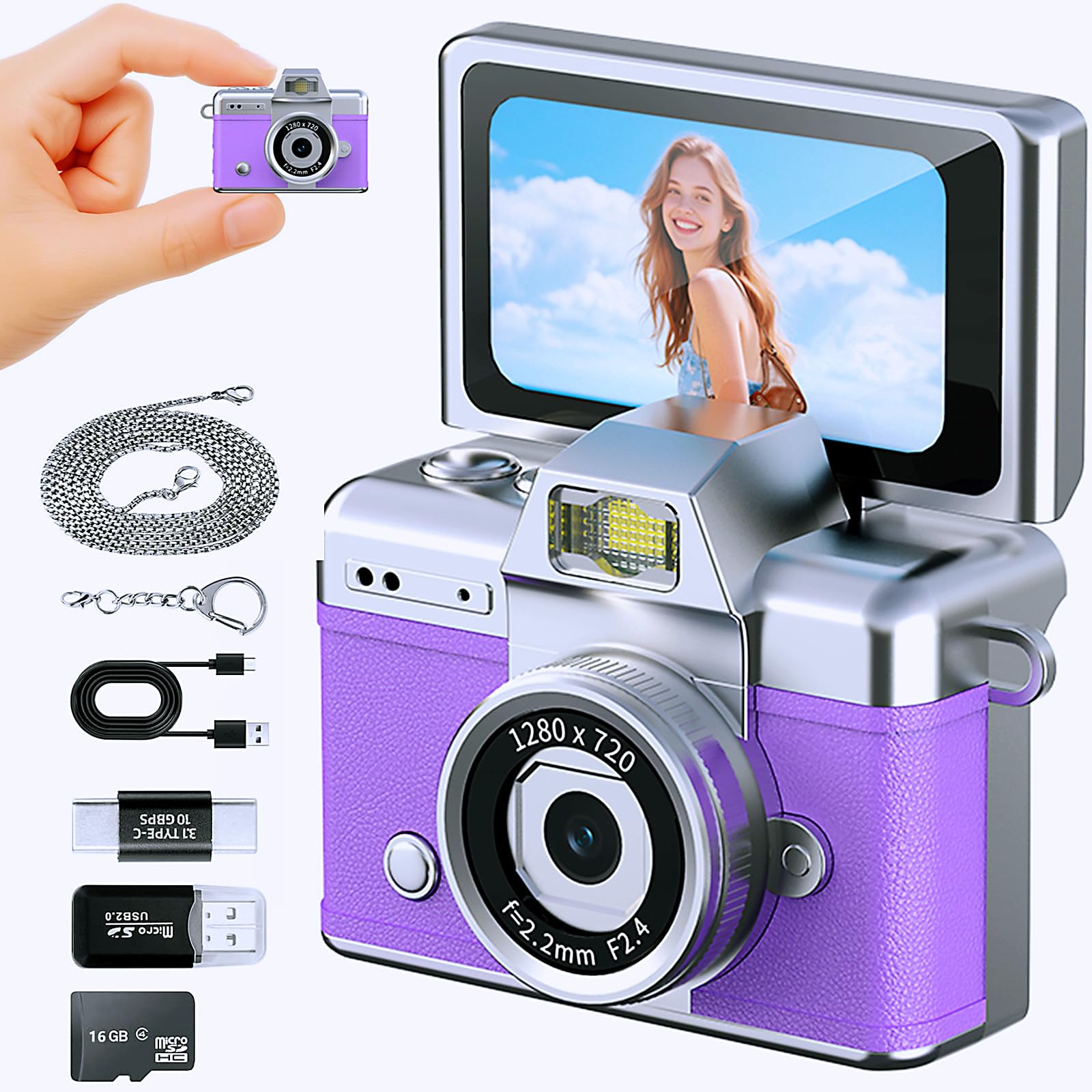 mini keychain camera with flip screen series,1080p hd multiple shooting recording modes, portable digital camera with 16gb sd card for travel, party. ideal pendant gift
