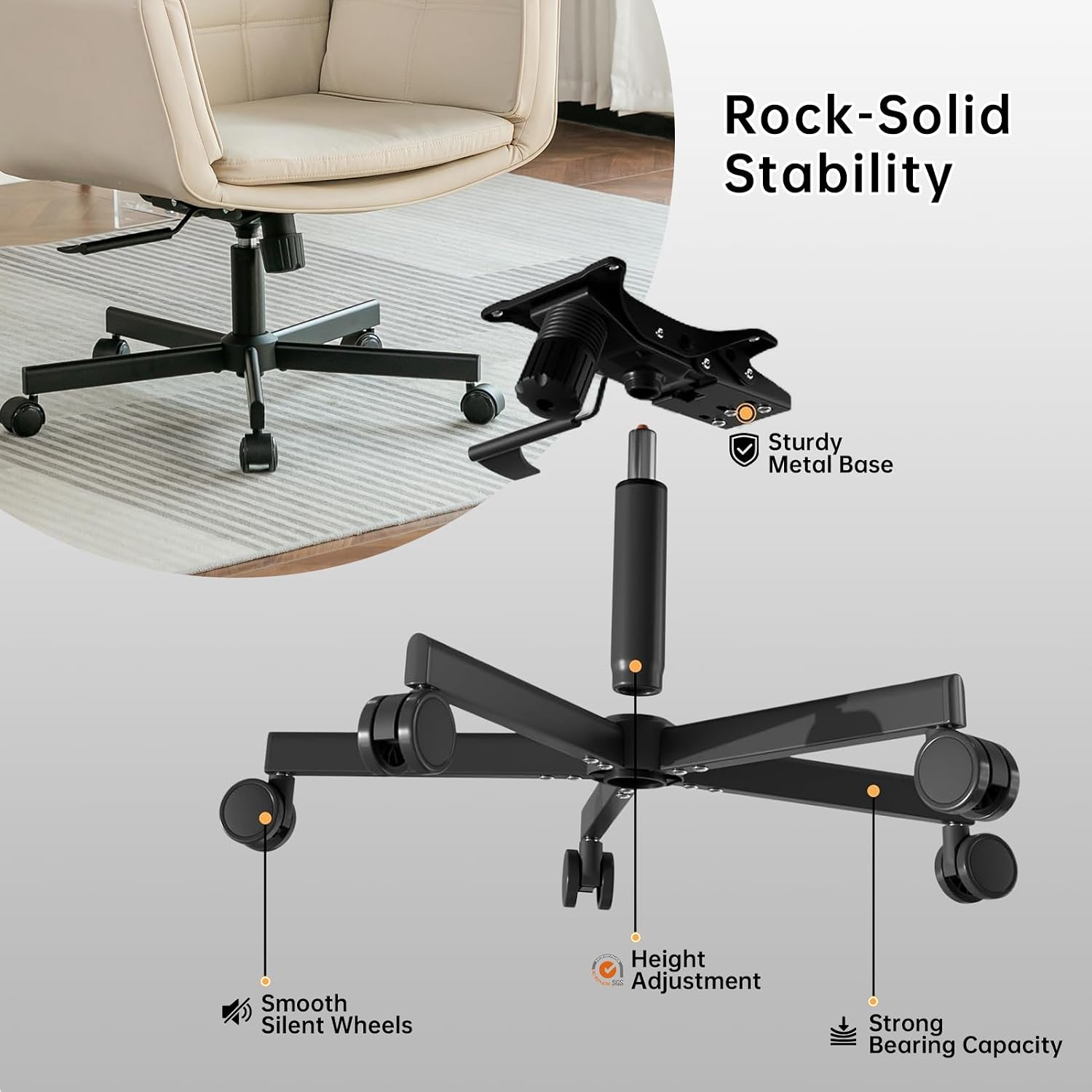 Criss Cross Chair with Wheels & Adjustable Armrests, High Back Faux Leather Desk Chair for Home Office, Comfy Cross Legged Wide Computer Task Chair, Ivory