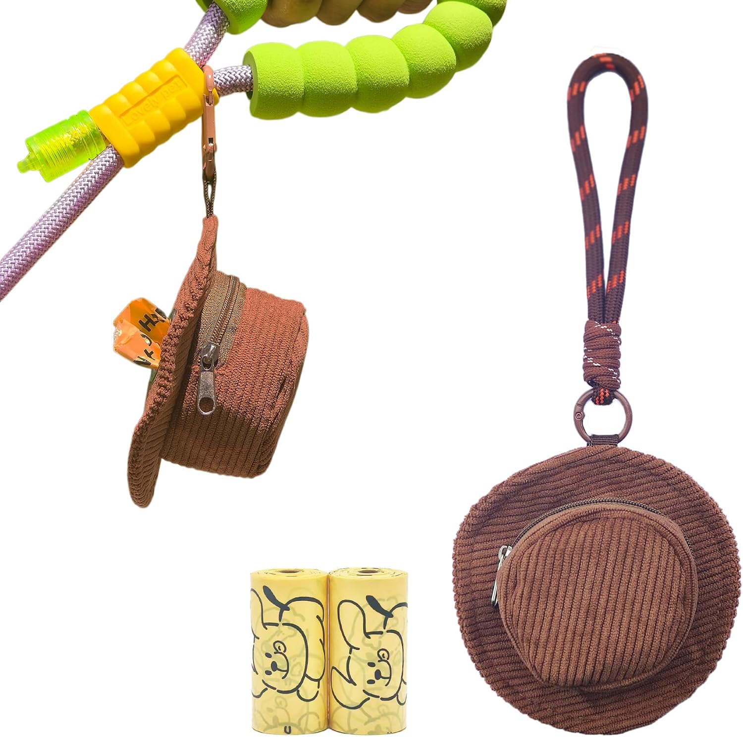 Cute Hat-Shaped Corduroy Dog Poop Bag Holder - Leash-Attached Elastic Strap, Quick Access Portable Dog Walking Accessory, Includes 2 Rolls (30 Pet Waste Bags, Brown)