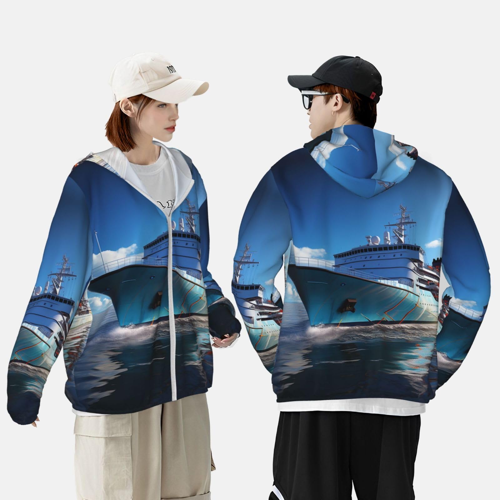 NONHAI Men's Sun Protection Jacket UPF 50+ Full Zipper Long Sleeve UV Hoodie Shirt Ocean Ferry Boat Women's Outdoor Jacket