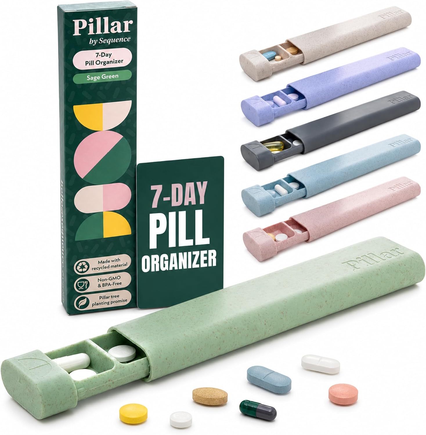 Pillar - 7-Day Pill Organizer | Weekly Medicine Pill Container Travel Box - Aesthetic Medication Holder - Stylish Travel Pill Case - Cute Small Medication Organizer 7 Day for Women (Sage Green)