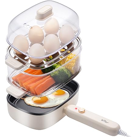 Bear Egg Cooker, Hard Boiled Egg Cooker with 12 Egg Capacity, Stainless Steel Egg Maker, 500W Rapid Egg Cooker for Hard Boiled, Poached, Scrambled Eggs, Omelets, Steamed Vegetables, Dumplings