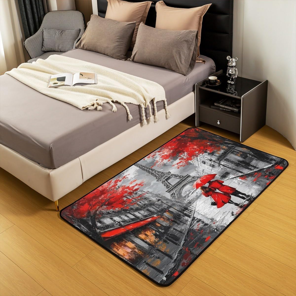 Eiffel Tower Area Rug for Living Room Bedside, Romantic Paris Street Non Slip Carpet, Sweet Couple Lover Red Flowers Floral Accent Rug, French Style Indoor Mat, Chic Paris Cityscape Washable Rugs 5x7