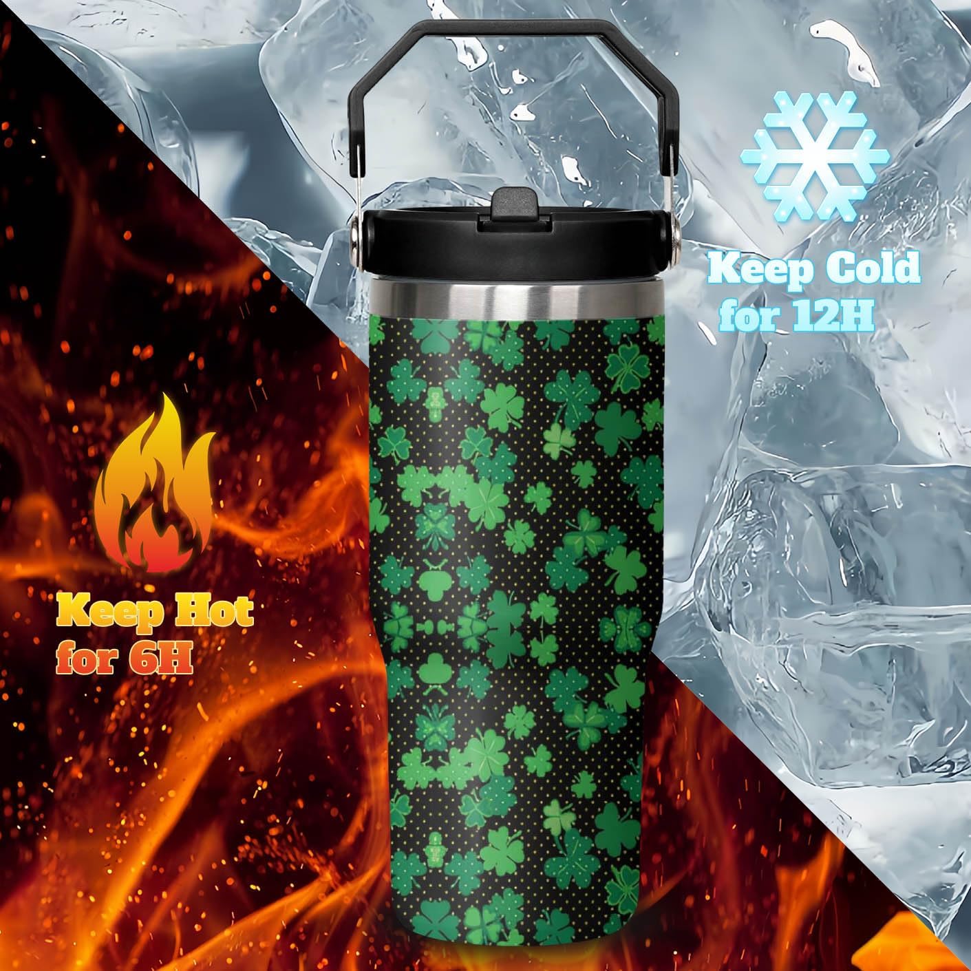30oz St Patricks Day Tumbler with Handle and Flip Straw, Green Irish Shamrocks Stainless Steel Vacuum Insulated Cup, Travel Mug Water Bottle, Gifts for Women Men - Image 4