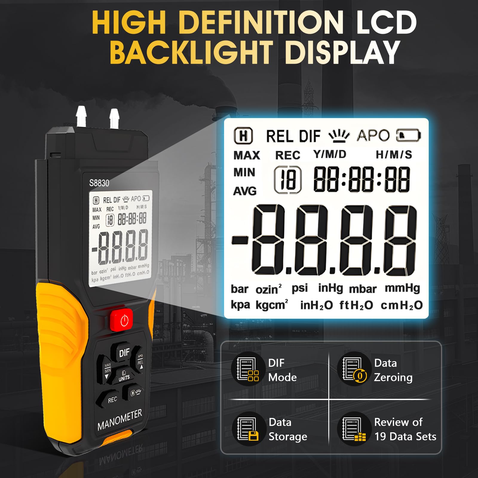 Manometro digitale, misuratore di pressione differenziale con due porte ± 36,8 kPa, HVAC Handheld a 12 unità, retroilluminazione per condizionatori d'aria, condotti di ventilazione