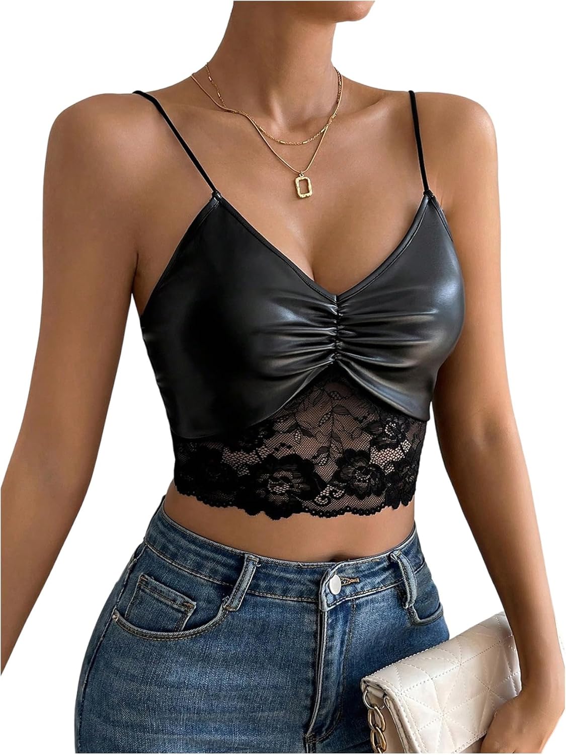 Women's Faux Leather Lace Cami Crop Top Y2k Ruched Spaghetti Strap Rave Party Camisole