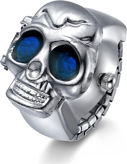 JewelryWe Men Women Finger Watch Punk Skull Flip-Open Cover Quartz Analog Adjustable Ring Watches for Mother's Day