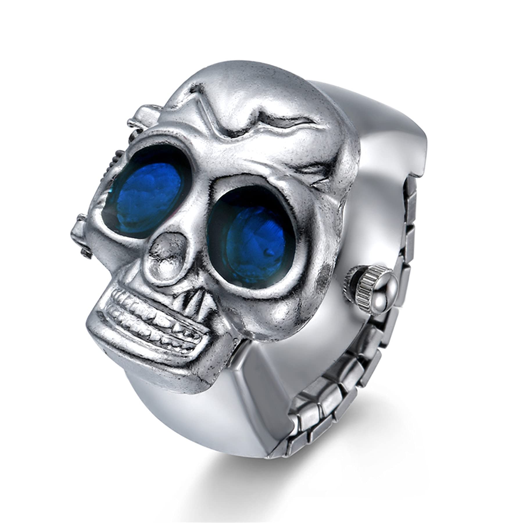JewelryWe Mężczyźni kobiety zegarek na palec punk czaszka otwierana pokrywa kwarcowy analogowy regulowany pierścień zegarki na Halloween