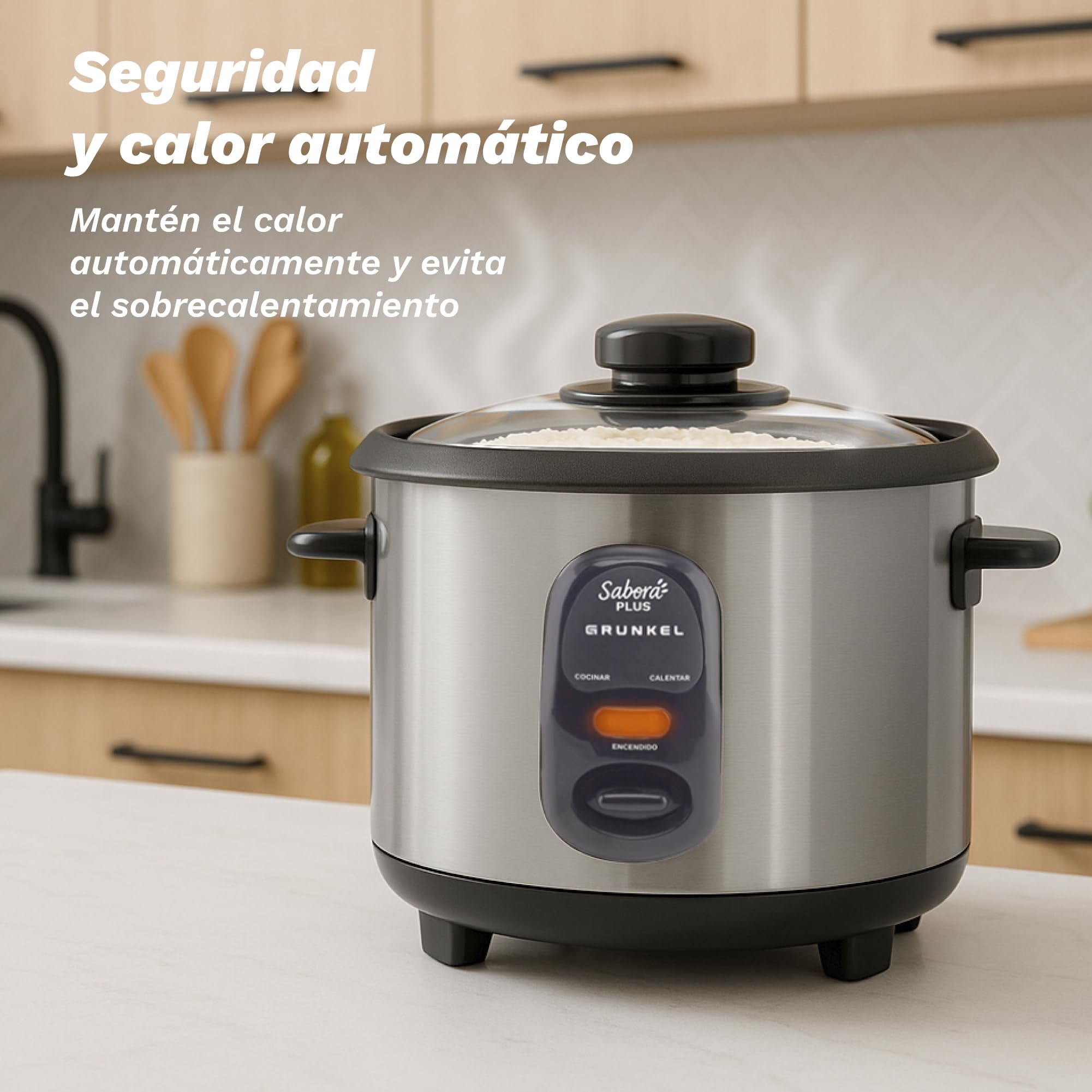 GRUNKEL - Arrocera Eléctrica RC-18L 700W | Capacidad 1,8 Litros | Función Mantener Calor | Cubeta Antiadherente | Exterior Acero Inoxidable | Indicadores Luminosos