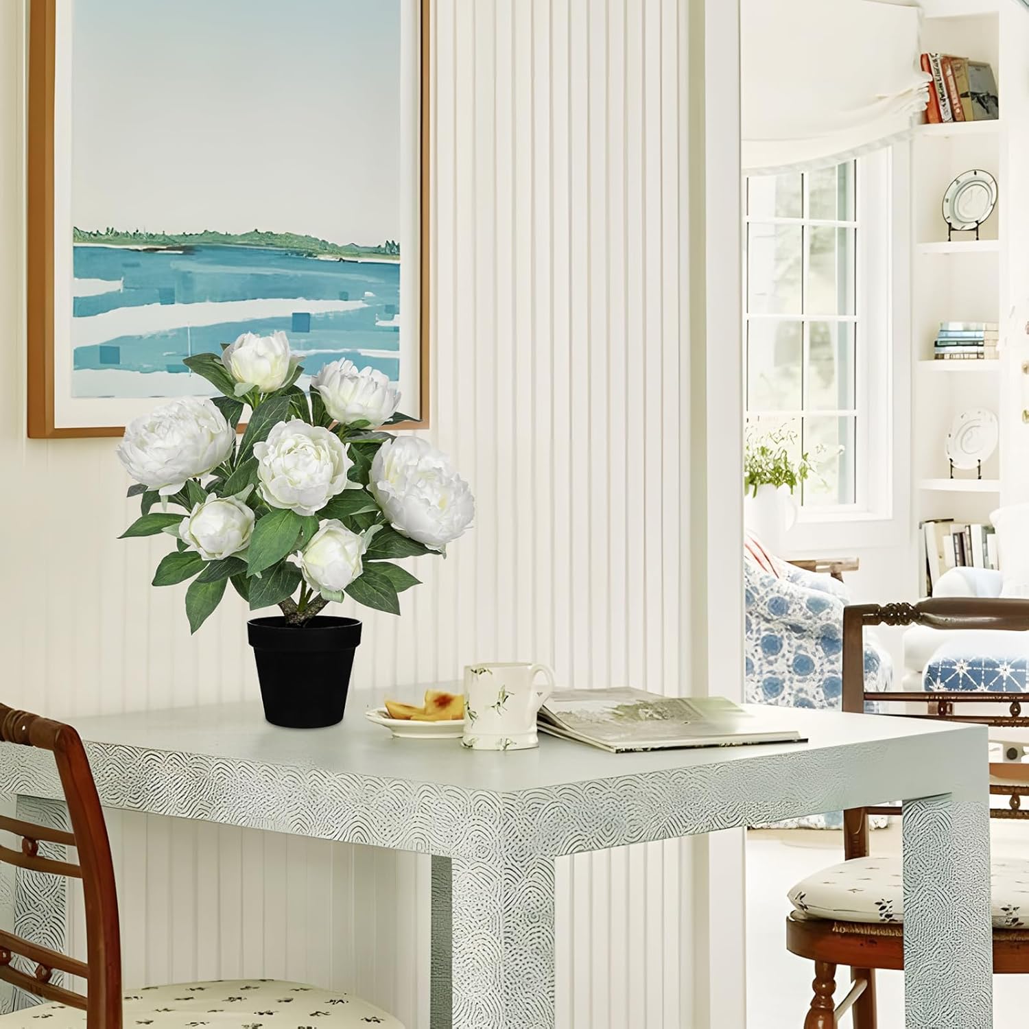 Hollyone White Fake Peonies Artificial Flowers in Pot 16.9" Small Peonies Tree Indoor Outdoor Faux Plants & Flowers Peony Silk Flowers Potted Plant Artificial Peony Floral Arrangement Desk Home Decor - Image 6